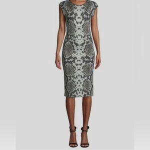 $775 NK32 Naeem Khan Women's Gray Printed Cap Sleeve Round Neck Dress Size M